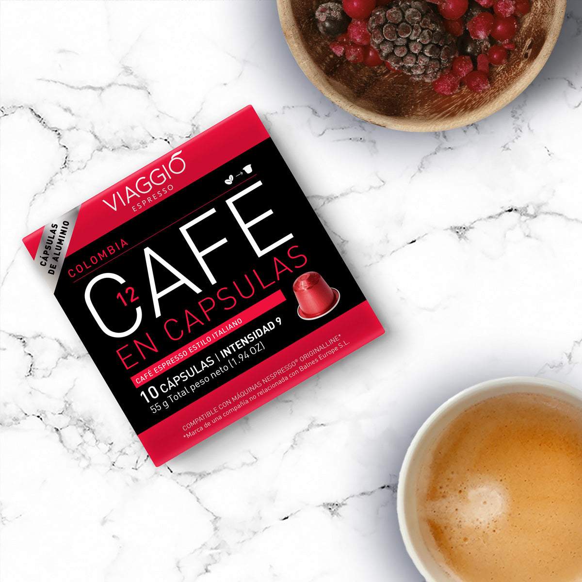 Cápsulas de Café compatibles con Nespresso® de origen colombiano, intensidad 9, notas de chocolate y frutos secos.