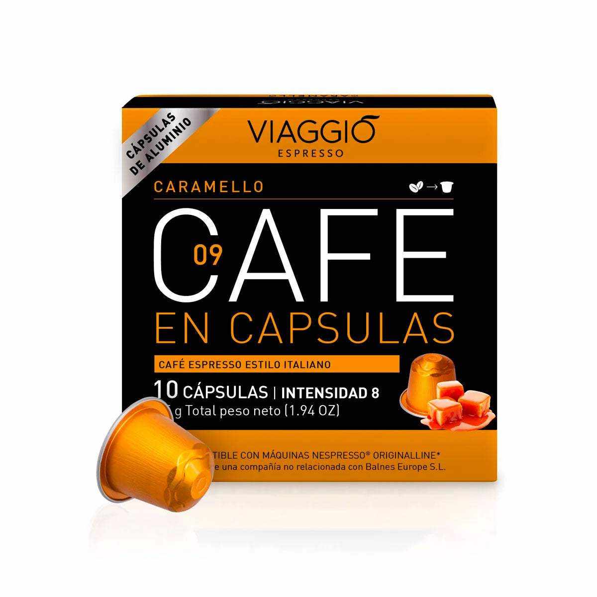 Viaggio Caramel Cápsulas de Café compatibles con Nespresso, intensidad 8, sabor a caramelo.