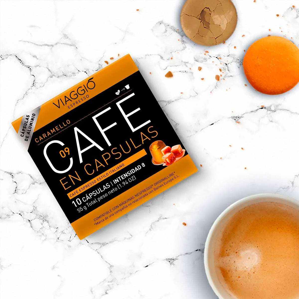 Viaggio Caramel Café cápsulas compatibles con Nespresso, intensidad 8, sabor caramelo y notas frutales.