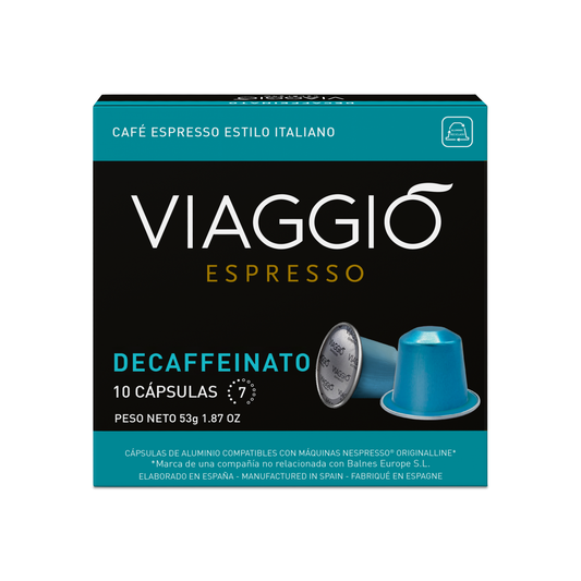 Viaggio Decaf coffee capsules compatible with Nespresso machines, 10 aluminum capsules, Italian-style espresso, decaffeinated, intensity 7, 100% Arabica beans.