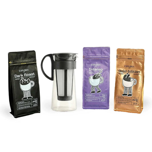 Combo-Cafetera Mizudashi de 600ml con paquetes de café Dark Roast, Intenso y Gold Edition.