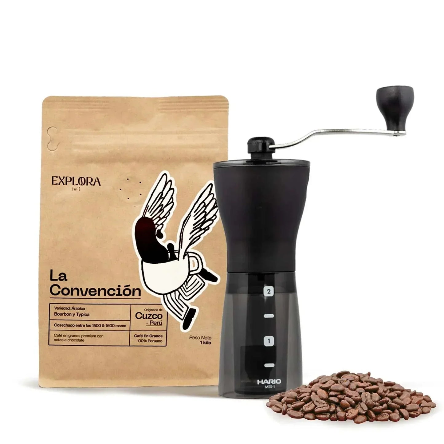 Pack-Café Explora: Cuzco coffee beans with Hario Mini Slim Plus grinder.