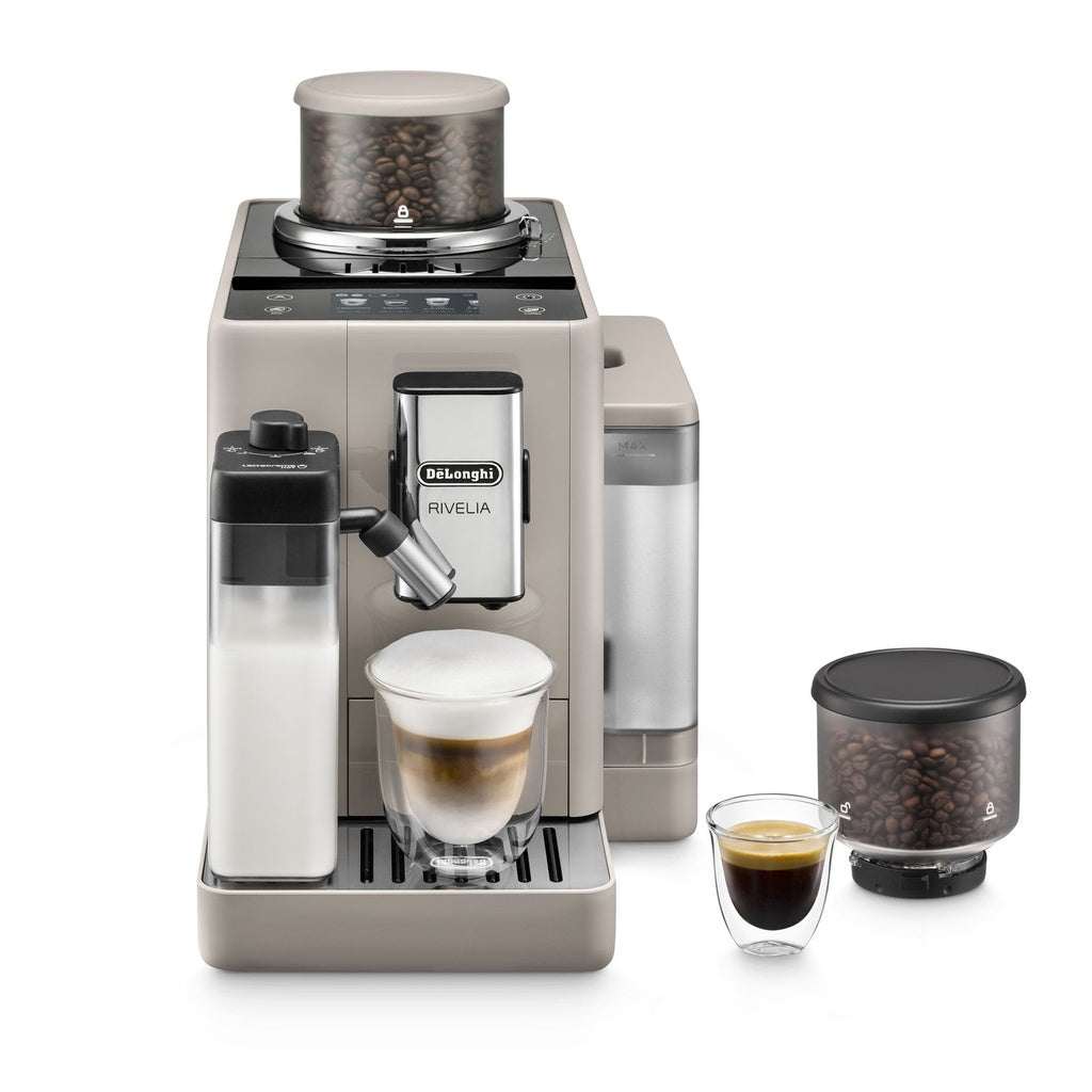 Cafetera Delonghi Rivelia beige con tecnología LatteCrema y sistema Bean Switch.