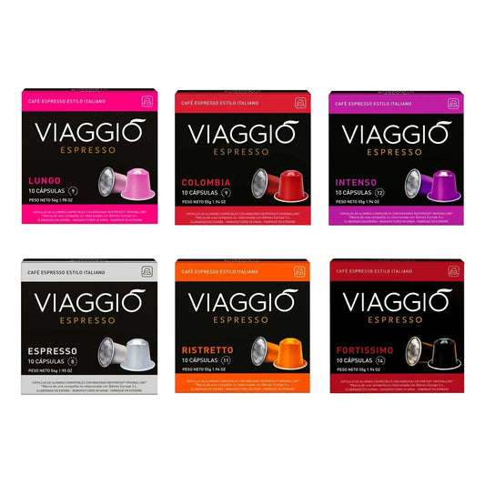 Superpack Viaggio 60 coffee capsules compatible with Nespresso, featuring Lungo, Colombia, Intenso, Espresso, Ristretto, and Fortissimo blends.