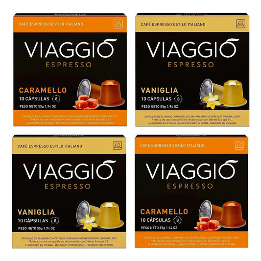 Pack de cápsulas de café Viaggio Caramel y Vaniglia compatibles con Nespresso®, sabor caramelo y vainilla, intensidad 8.