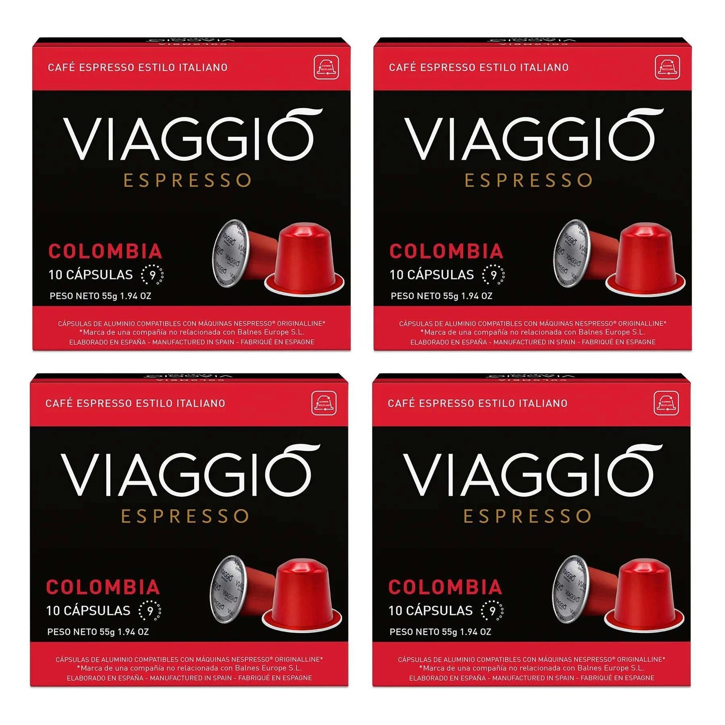 Cápsulas de café Viaggio Colombia compatibles con Nespresso, intensidad 9, con notas de chocolate y frutos secos.