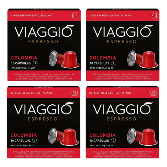 Cápsulas de café Viaggio Colombia compatibles con Nespresso, intensidad 9, con notas de chocolate y frutos secos.