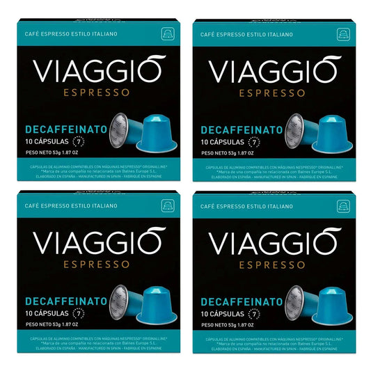 Pack Viaggio Decaf Nespresso compatible espresso coffee capsules with medium intensity and nutty chocolate flavor