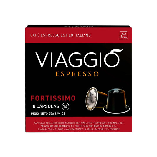 Viaggio Fortissimo coffee capsules compatible with Nespresso machines, 10-pack, Italian-style espresso with intensity 14.