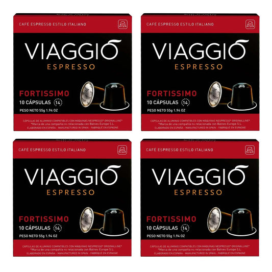 Pack Viaggio Fortissimo espresso coffee capsules compatible with Nespresso machines, 10 capsules per box, intense flavor and robust body.