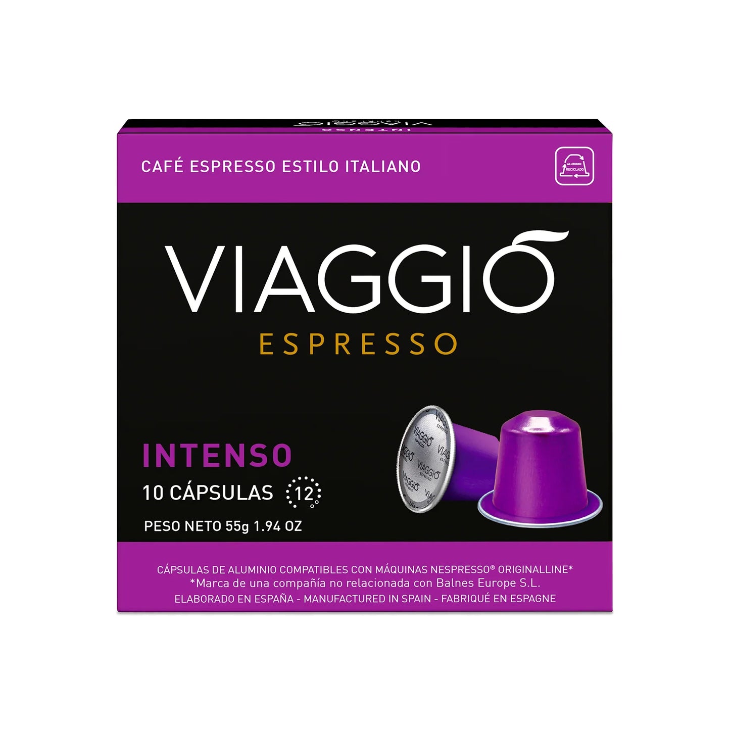 Caja de cápsulas de café Viaggio Intenso compatibles con Nespresso®, 10 unidades, intensidad 12, café espresso estilo italiano.
