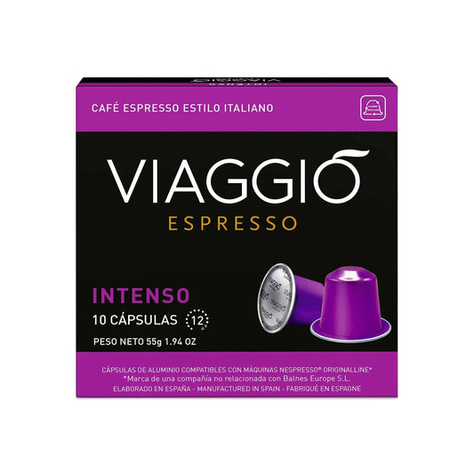 Caja de cápsulas de café Viaggio Intenso compatibles con Nespresso®, 10 unidades, intensidad 12, café espresso estilo italiano.