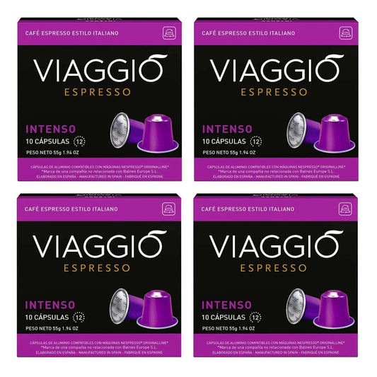 Cápsulas de café Viaggio Intenso compatibles con Nespresso®, color morado, en paquetes de 10 unidades cada uno.