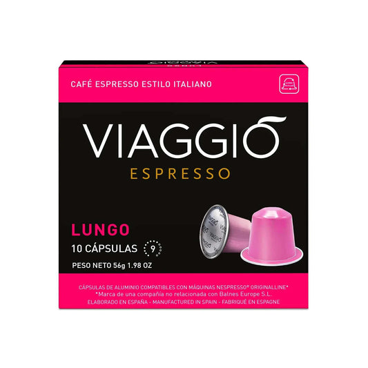 Cápsulas de café compatibles con Nespresso® Viaggio Lungo, espresso estilo italiano, intensidad 9, 10 cápsulas, crema persistente y notas de almendra.