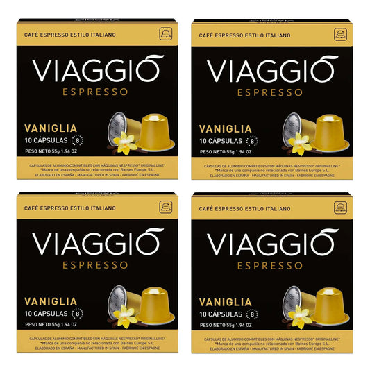 Cápsulas de café Viaggio Vaniglia compatibles con Nespresso, aroma de vainilla y notas de almendra.