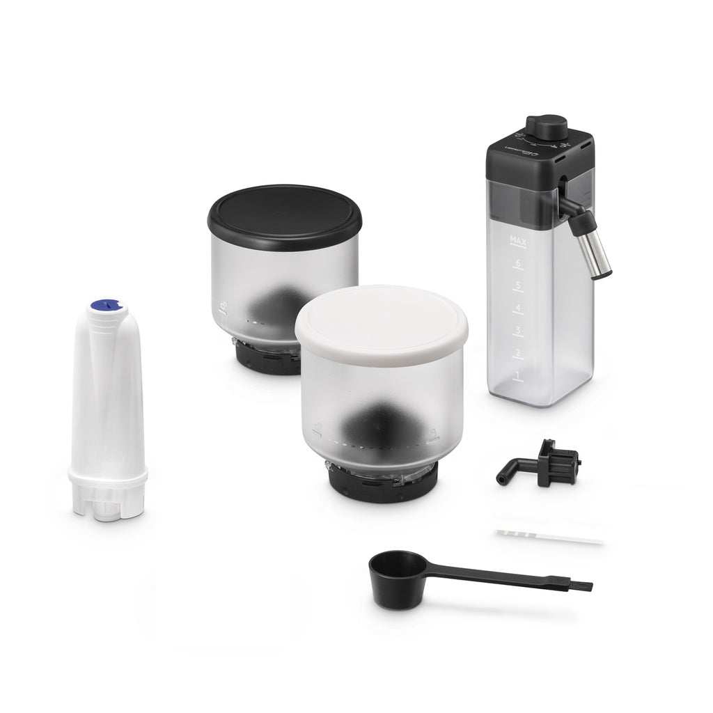 Accessories and components of the Cafetera Delonghi superautomática Rivelia blanca, including interchangeable hoppers and technology features.