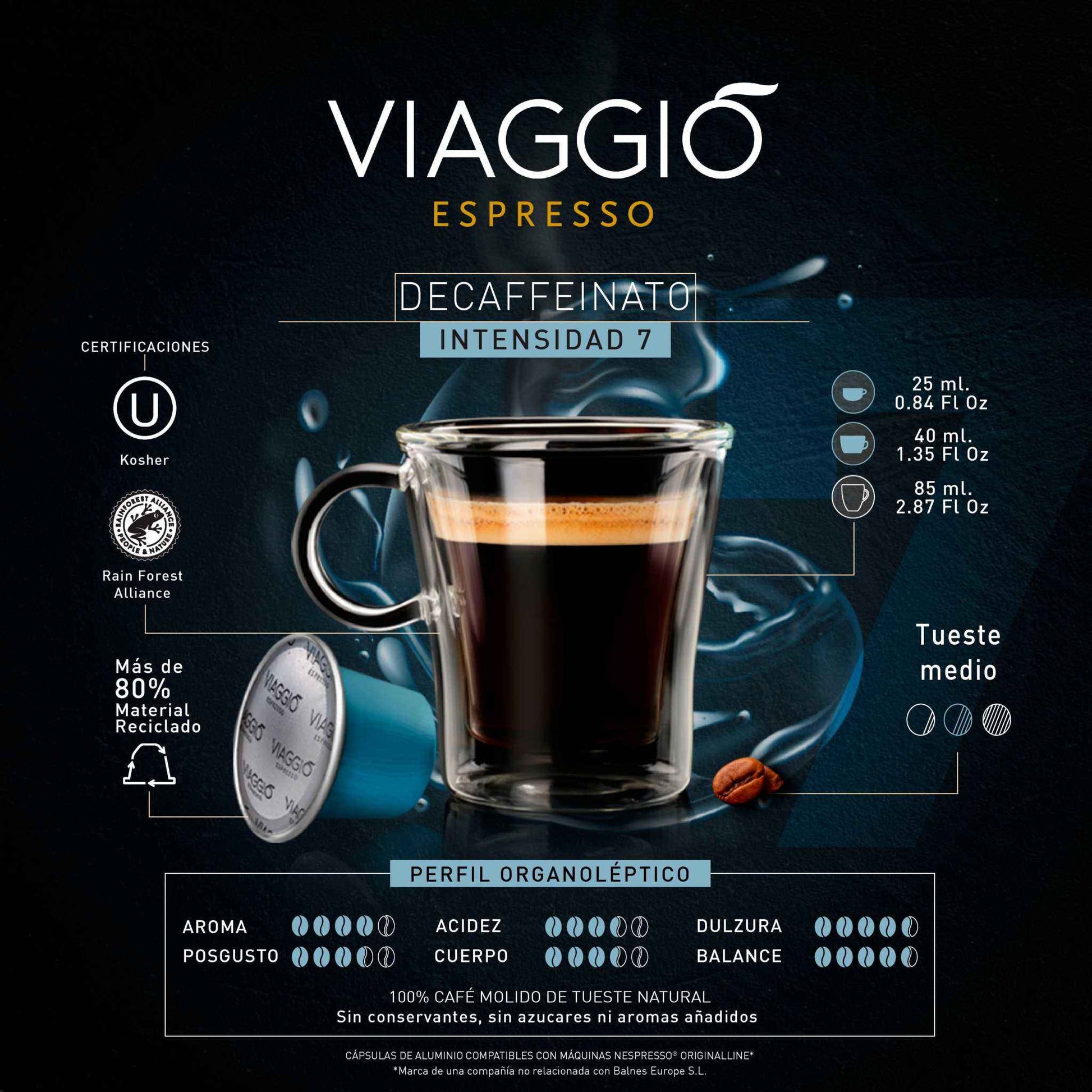 Viaggio Decaf-Cápsulas de Café compatible with Nespresso, medium roast decaffeinated espresso pods with intensity 7 and nutty chocolate aroma.
