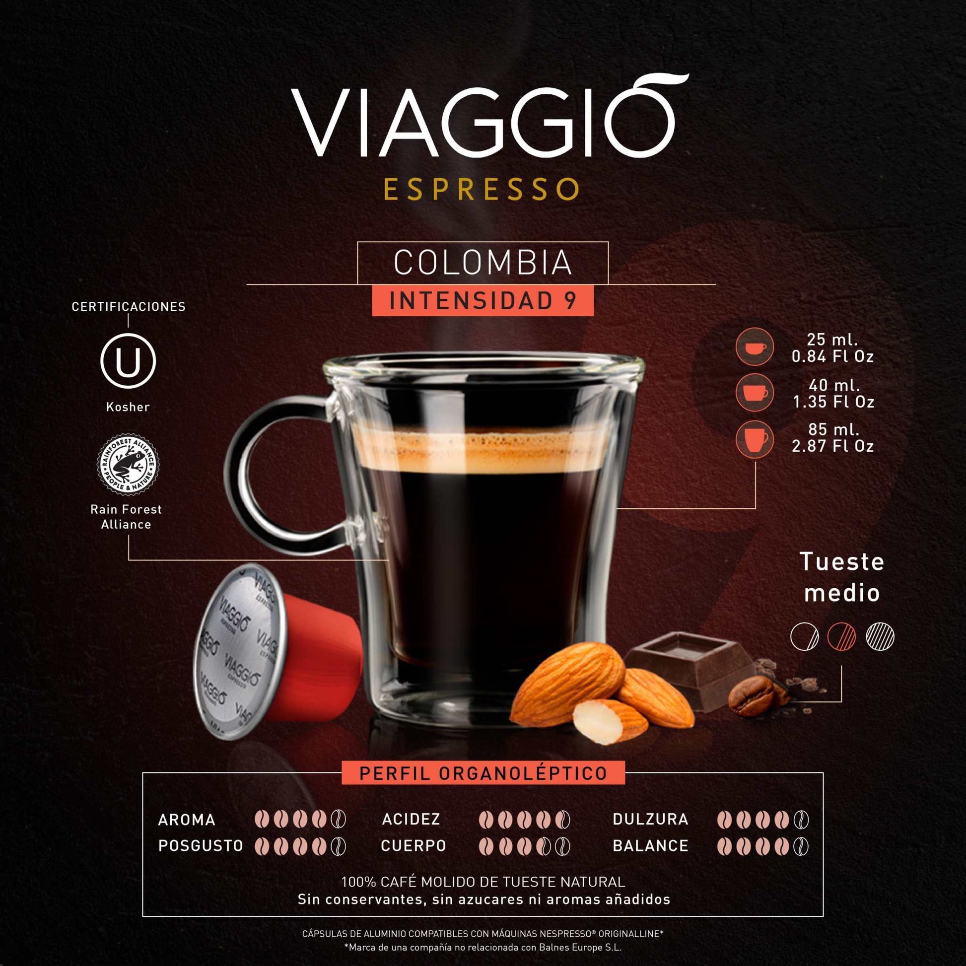 Superpack Viaggio 60 compatible coffee capsules with Nespresso, premium Arabica blends, medium roast Colombia espresso with aromatic profile.