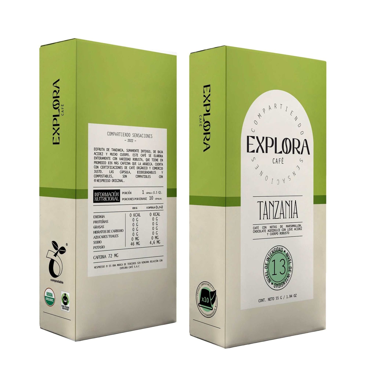 Cápsulas de café de Tanzania compatibles con Nespresso® de Nomada Café, intensidad 13, con notas de marshmallow y chocolate.