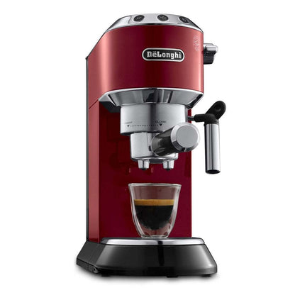 Compact red Delonghi Dedica espresso machine on kitchen counter.