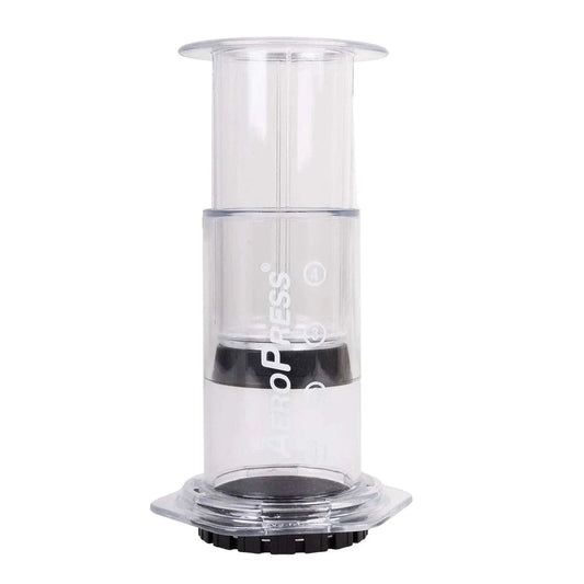 Transparent AeroPress Clear coffee maker made of BPA-free Tritan, showcasing its innovative design.