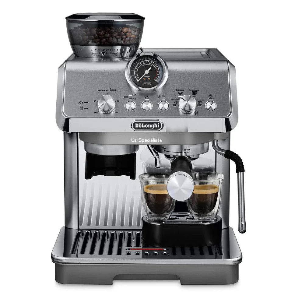 Delonghi La Specialista Arte Evo compact coffee machine with grinder and temperature control making espresso and cold brew
