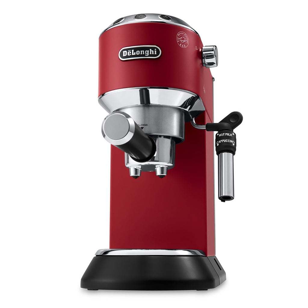 Red Delonghi Dedica Style espresso machine with stainless steel body, compact design, and cappuccino system.