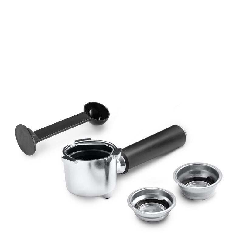 Accessories for Cafetera Delonghi Dedica coffee machine, including portafilter, measuring scoop, and filters.