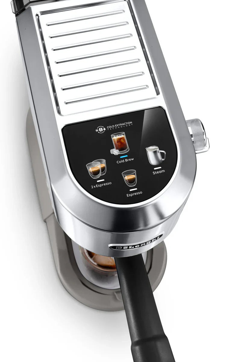 Delonghi Cafetera Dedica Duo espresso machine with digital display and milk frother in a compact Italian-style design