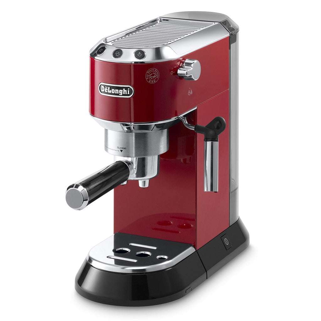 Red Delonghi Dedica espresso machine with sleek, compact design.