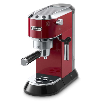 Red Delonghi Dedica espresso machine with sleek, compact design.