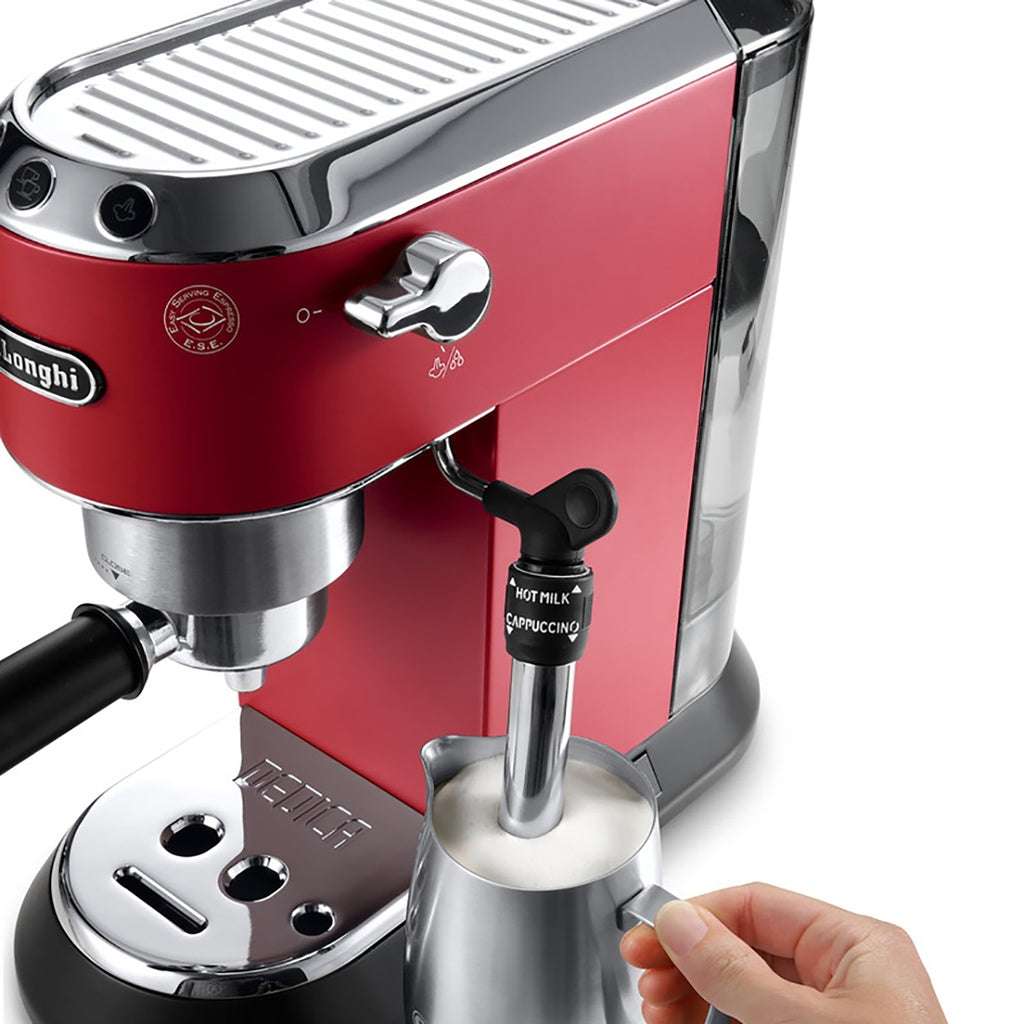 Red Delonghi Dedica coffee machine, stylish and compact, features an adjustable Cappuccino system and stainless steel design.
