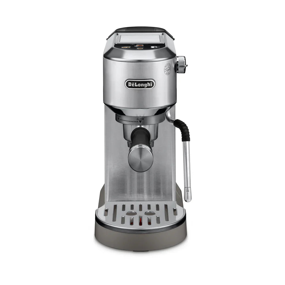 Delonghi Cafetera Dedica Duo compact espresso machine with digital display and milk frother for barista-style coffee