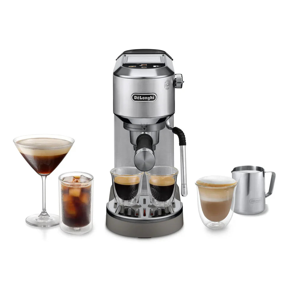 Delonghi Cafetera Dedica Duo compact espresso machine with digital display and milk frother for perfect coffee beverages