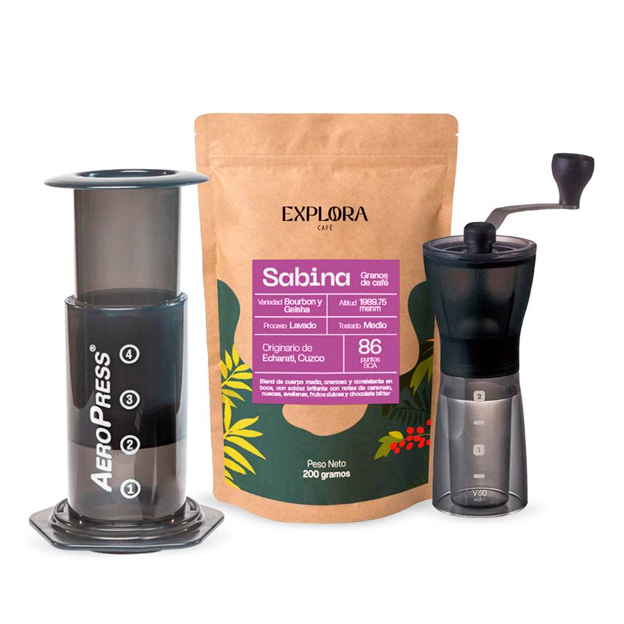 Starter pack featuring AeroPress Original coffee maker, Hario Slim manual grinder, and specialty Sabina coffee beans