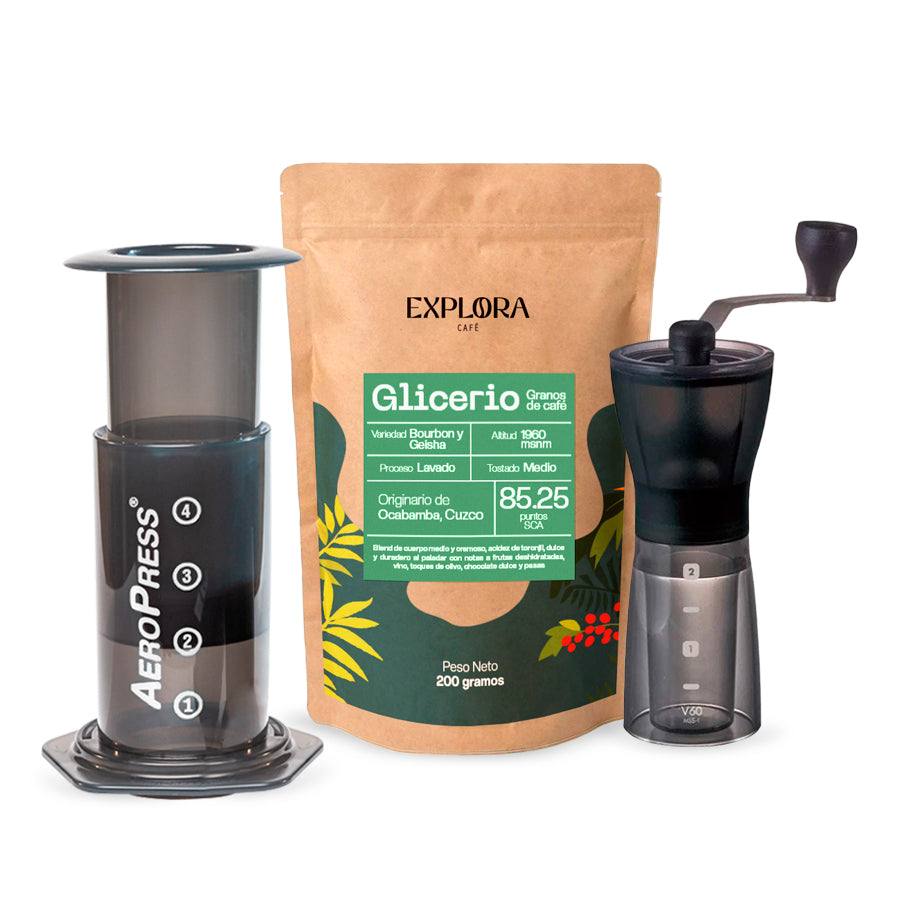 Starter pack with AeroPress Original coffee maker, Hario Slim manual grinder, and specialty coffee bag