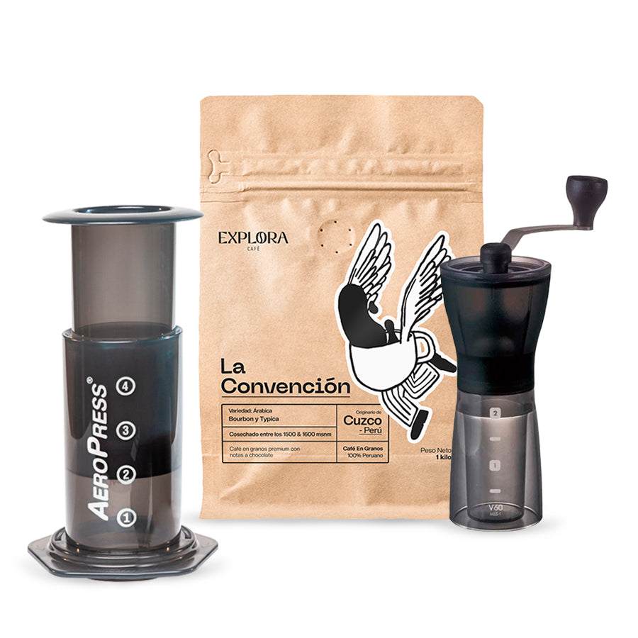 AeroPress Original coffee maker with Hario Slim manual grinder and specialty coffee pack