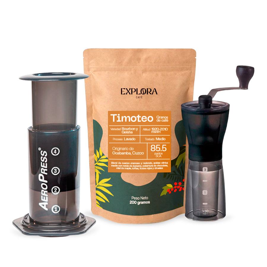 AeroPress Original coffee maker with Hario Slim manual grinder and Timoteo specialty coffee pack