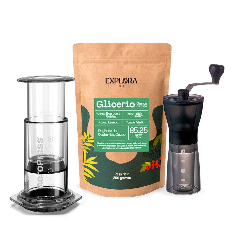 AeroPress Clear coffee maker with Hario Slim manual grinder and Glicerio specialty coffee beans starter pack