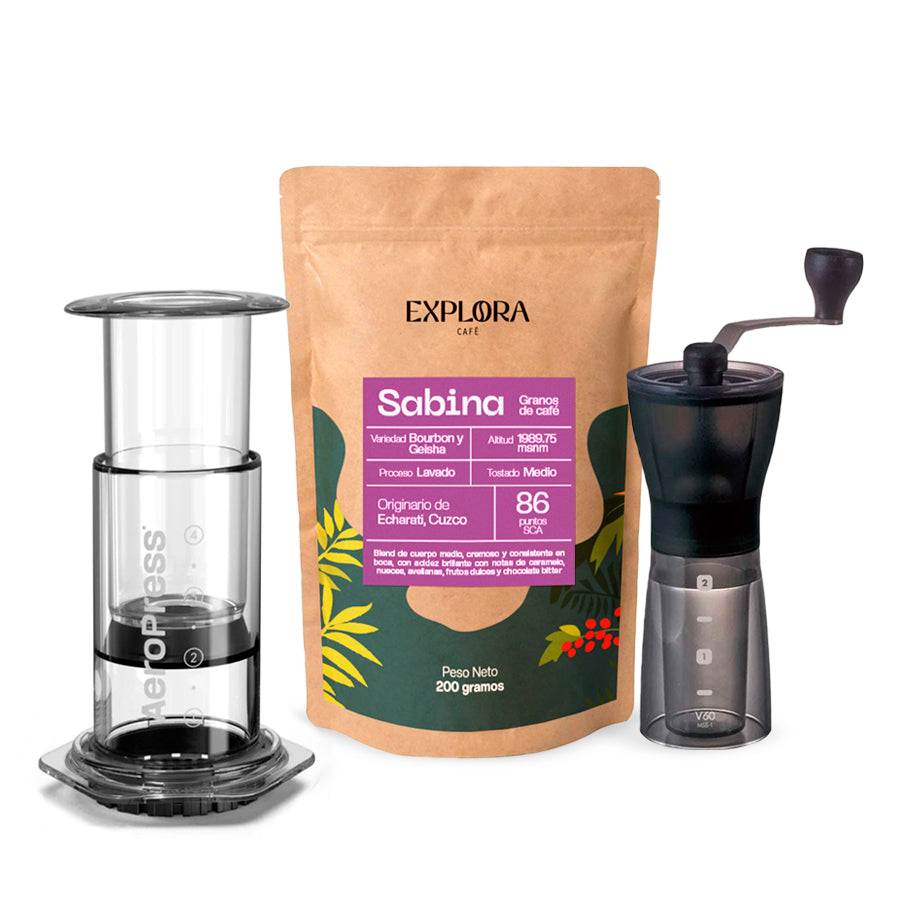 AeroPress Clear coffee maker, Hario Slim manual grinder, and Sabina specialty coffee pack