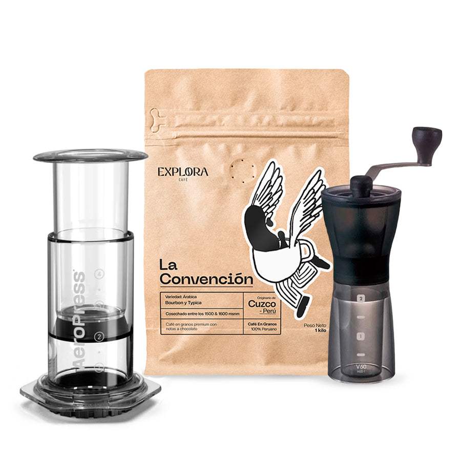 AeroPress Clear coffee maker with Hario Slim manual grinder and La Convención specialty coffee beans pack