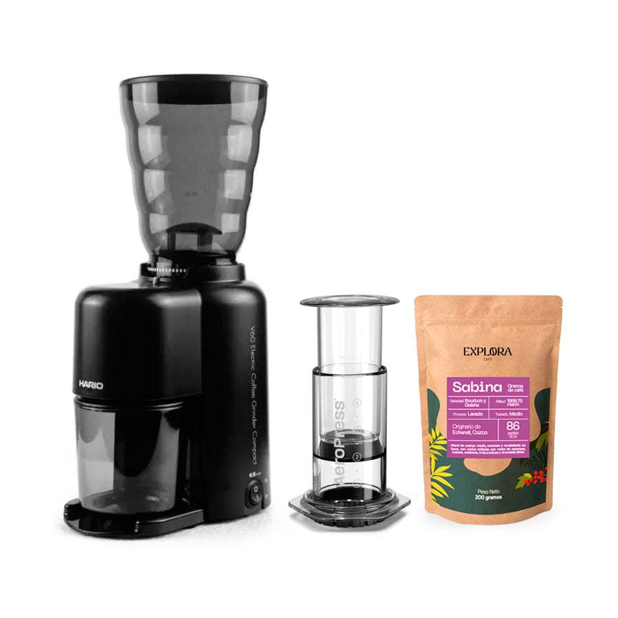 AeroPress Clear coffee maker with Hario electric grinder and specialty coffee pack