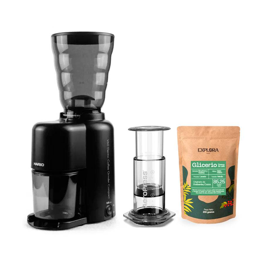 AeroPress Clear coffee starter pack with Hario electric grinder and specialty coffee bag