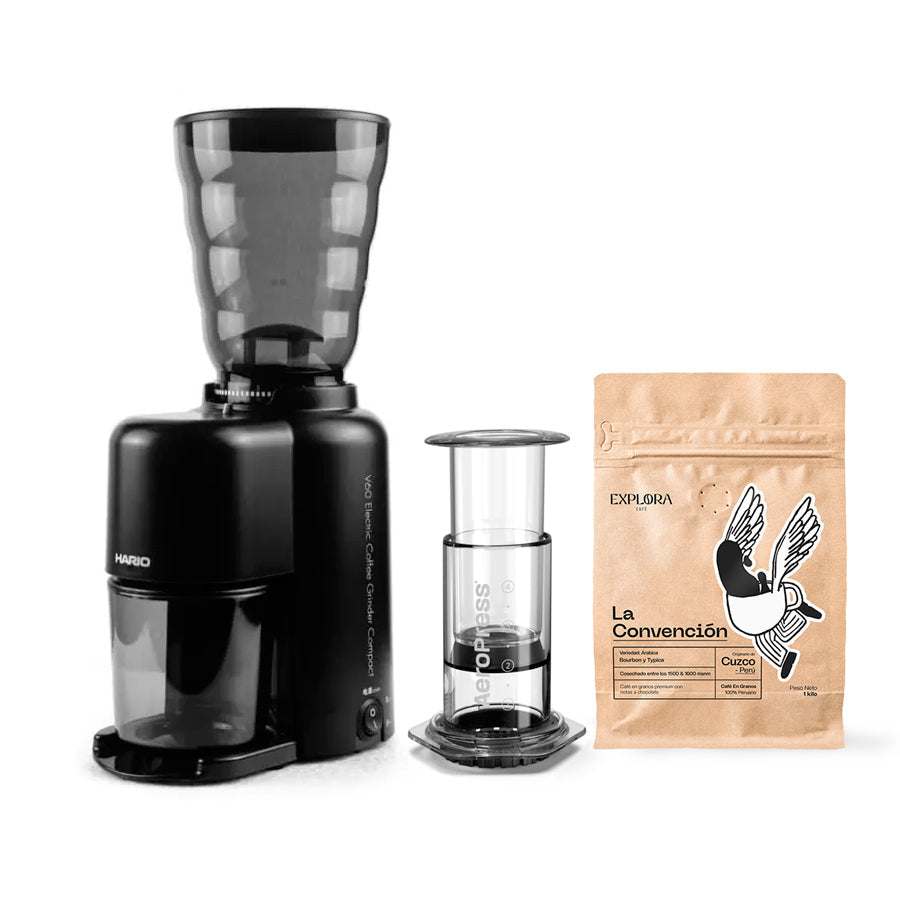 AeroPress Clear coffee maker with Hario electric grinder and specialty coffee pack