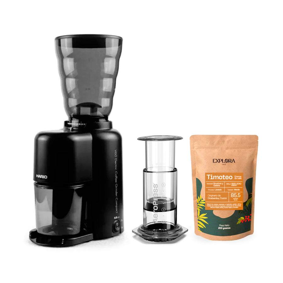 Starter pack with AeroPress Clear, Hario electric grinder, and specialty Timoteo coffee