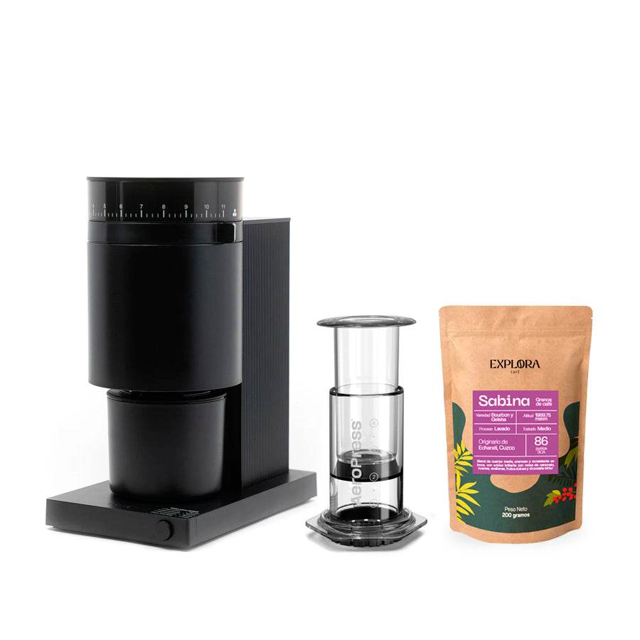 AeroPress Clear coffee maker with black Fellow Opus grinder and Sabina specialty coffee bag