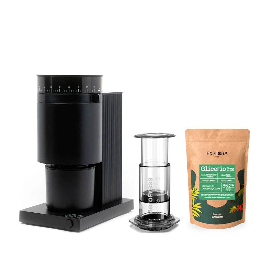 Starter pack with AeroPress Clear coffee maker, Fellow Opus black electric grinder, and Exploracafé Glicerio specialty coffee bag