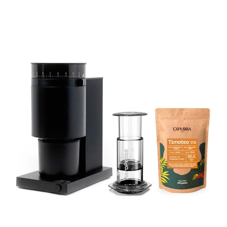 Starter pack including AeroPress Clear coffee maker, Fellow Opus electric grinder, and Timoteo specialty coffee beans