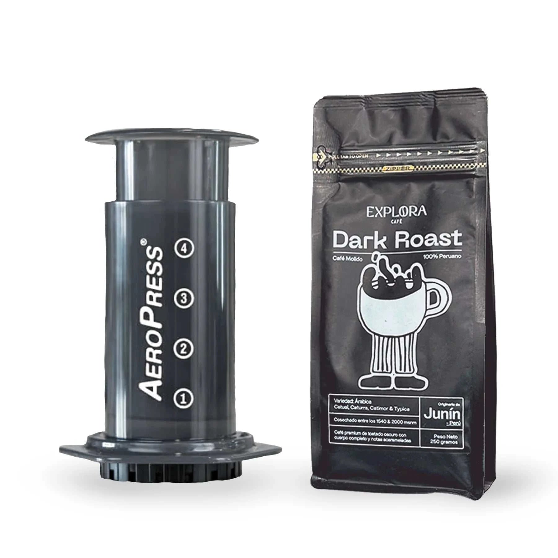 Cafetera AeroPress con bolsa de café Dark Roast, método de preparación 3 en 1.