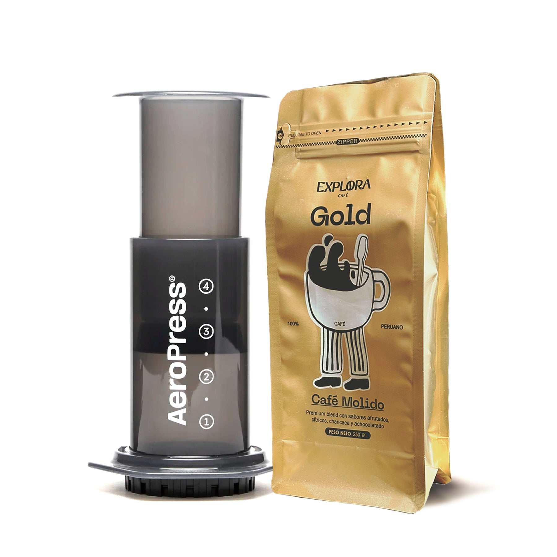 Cafetera AeroPress junto a paquete de café molido, ideal para preparar café suave sin amargor.